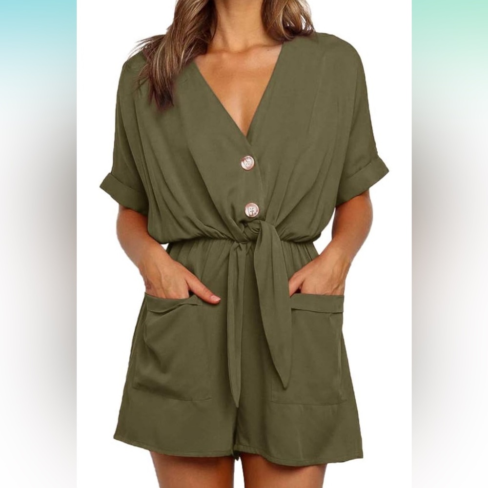 Womens V Neck Button Rompers Knot Tie Short Sleeve
